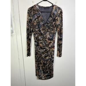 Peruvian Connection Dress Womens Small Shadow Vine Faux Wrap Dark Print Stretch